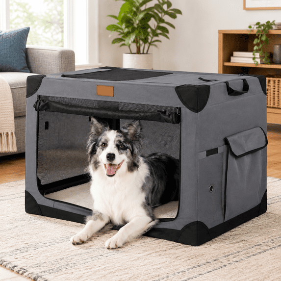 Dark Grey 36.0"L x 25.0"W x 25.0"H Soft Foldable Dog Crate Kennel for ...