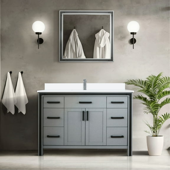Dark Grey 48" W X 22" D Bath Vanity With White Quartz Countertop, Faucet, 34 In. Mirror - To And Discoloration 48 22 For Bathroom, Top, Scratch Stain- Build