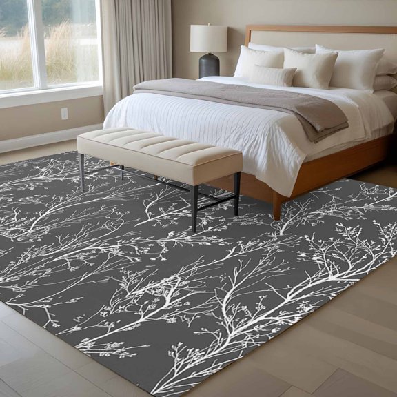 Dark Grey 6x9 Rug for Dining Room Table and Chair Setup, White Tree Branch Botanical Abstract Plant Leaves Low Pile Washable Non Slip Rectangle Area Rug
