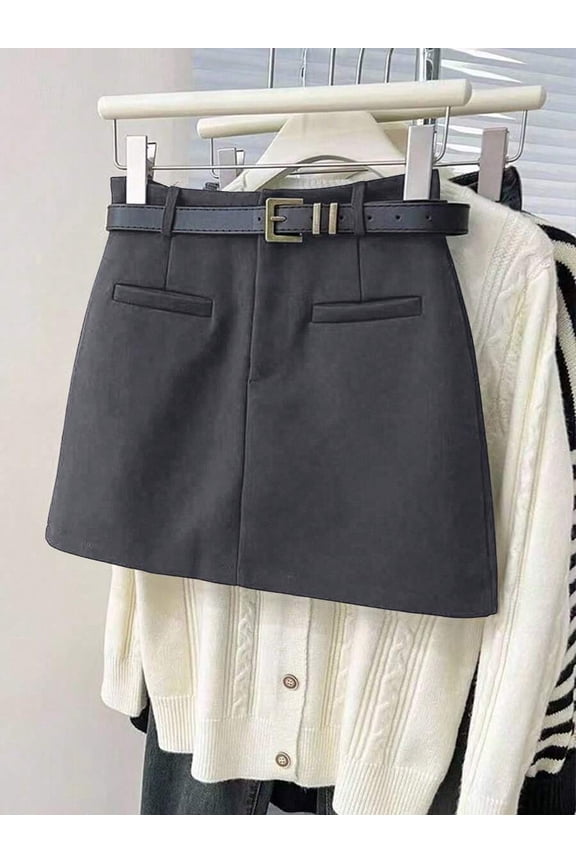 Dark Grey A-Line Mini Skirt With Belted Waist And Front Pockets