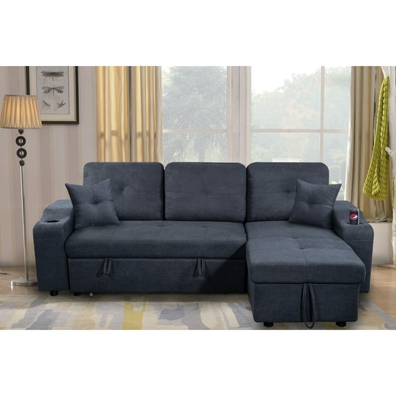 Dark Grey Apartment Sectional With Footrest, Armrest Storage And Pull Out Bed, Convertible Corner For Living Room, Double Cup Holder 2 Bolster Right-facing Storage, Modern Design Room Apartment, Bed