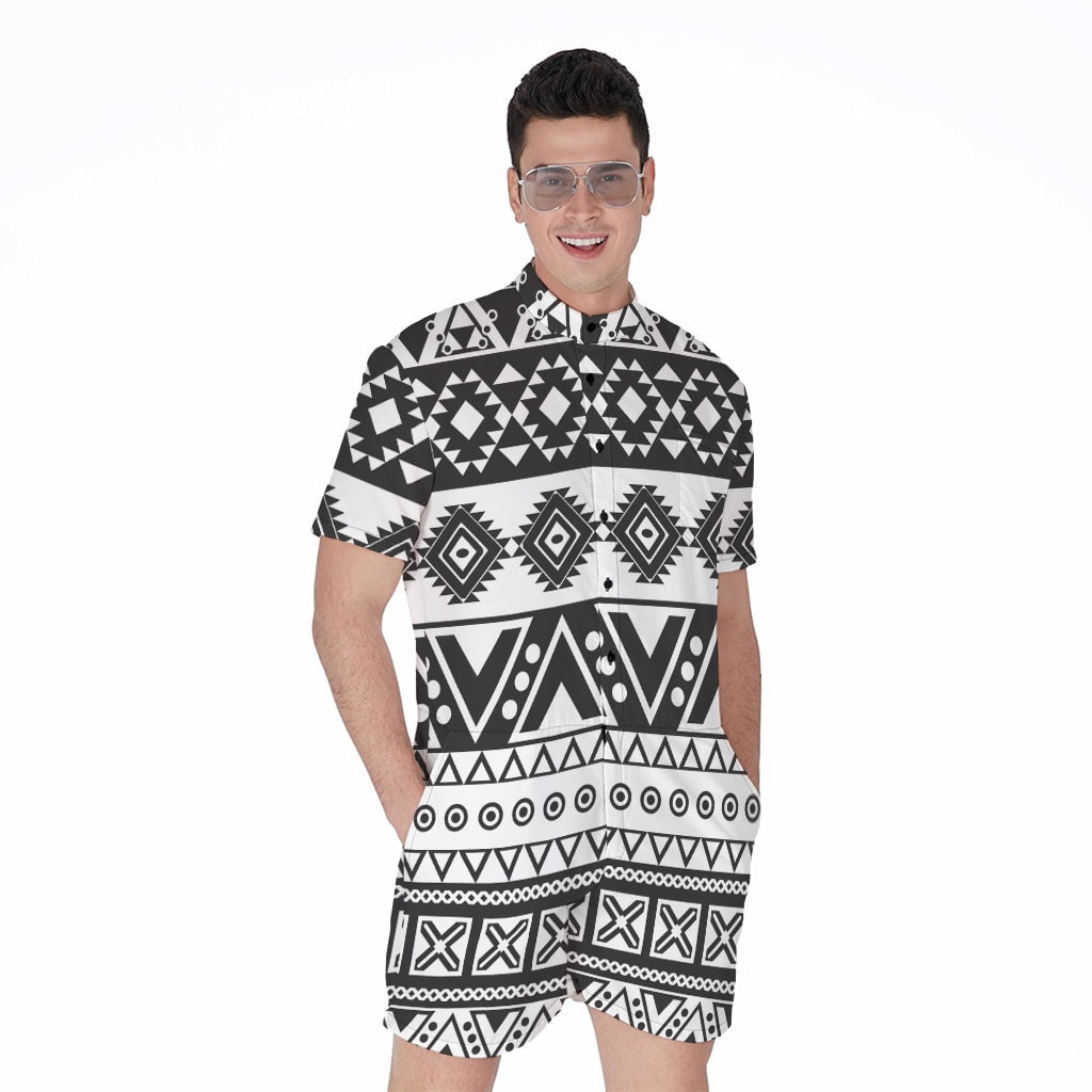 Dark Grey Aztec Pattern Short Sleeve Men'S Rompers Casual Summer ...