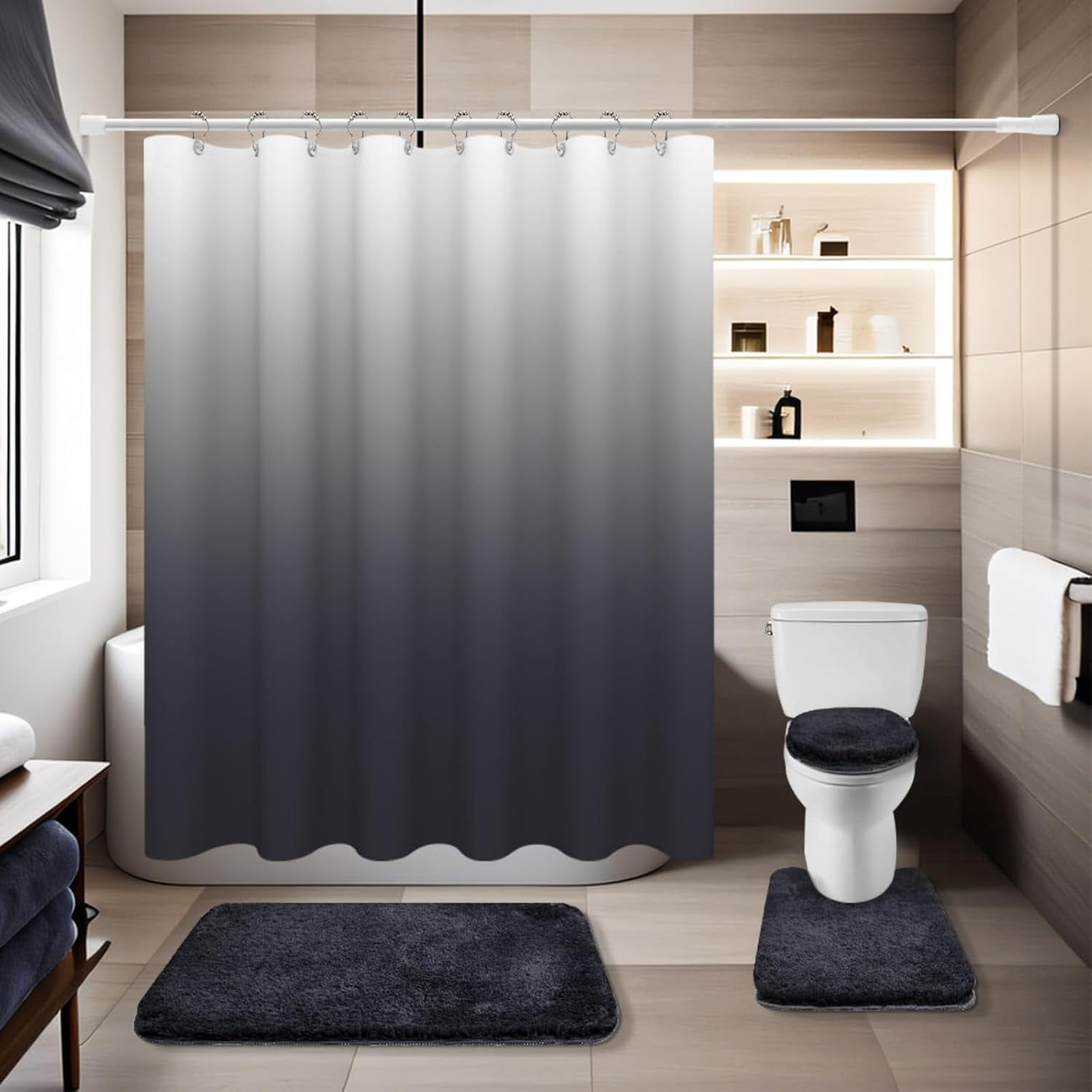 Dark Grey Bathroom Sets with Shower Curtain and Rugs Waterproof Shower