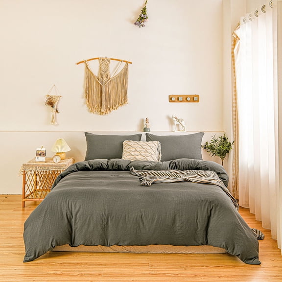 Dark Grey Bedding Sets Twin Grey Duvet Cover Set Solid Pattern Washed Microfiber, No Filling