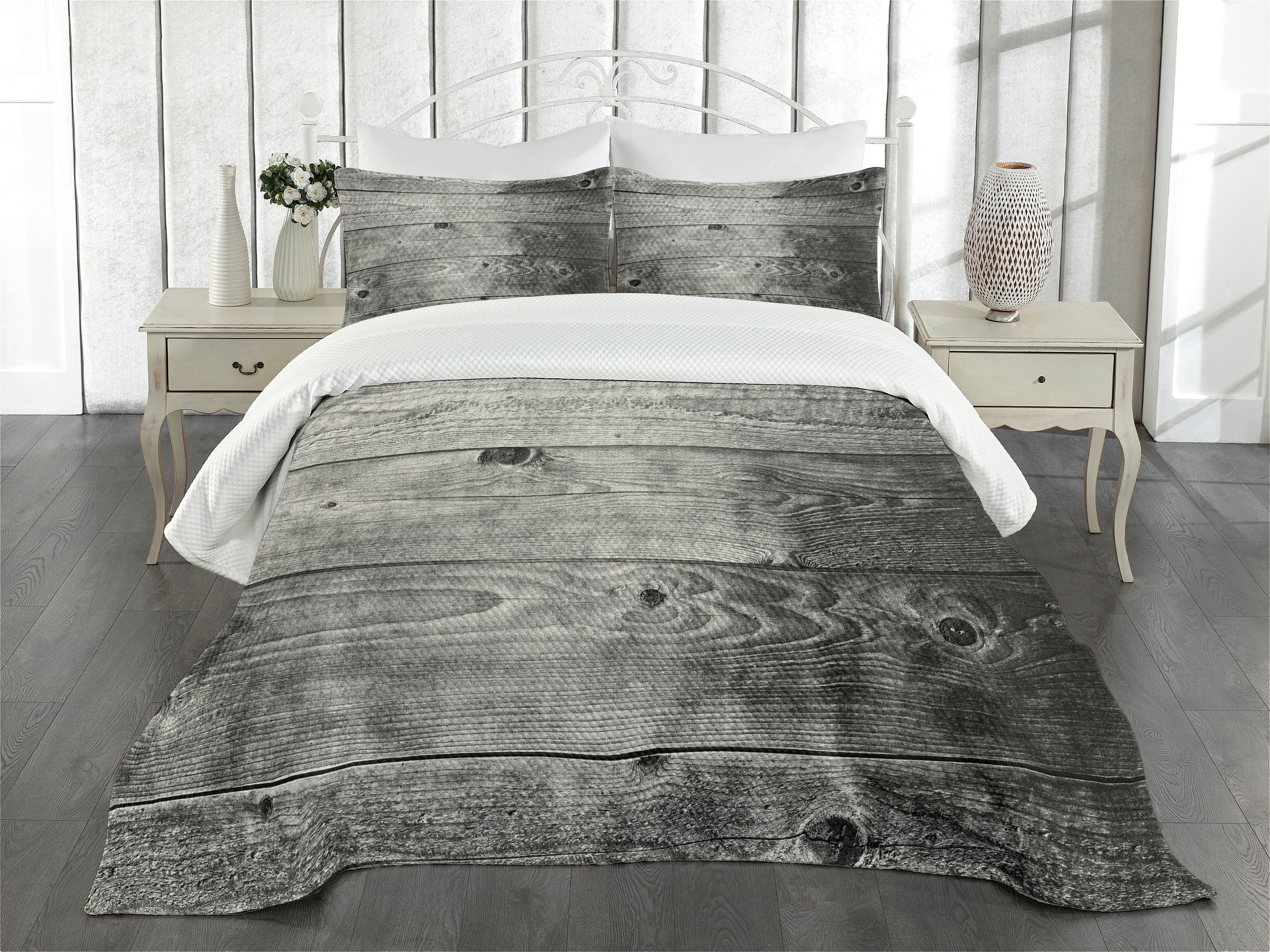 Dark Grey Bedspread Set King Size, Ombre Style Grunge Wooden Planks Rustic Timber Oak Wall Rough
