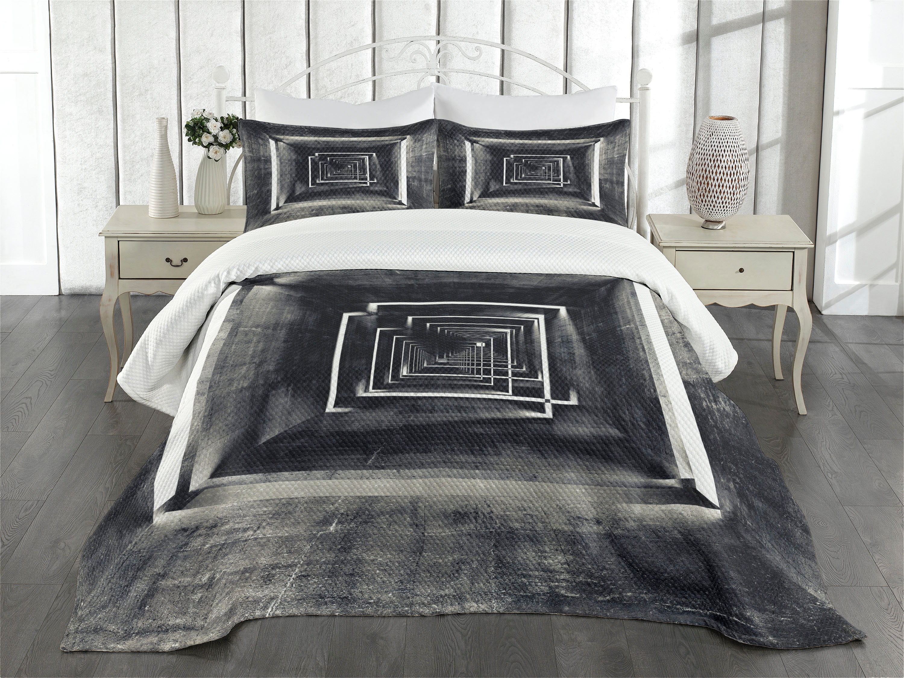 Dark Grey Bedspread Set Queen Size, Architecture Perspective Tunnel Interior Grungy Corridor