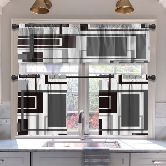 Dark Grey Blackout Kitchen Curtains Tiers and Valances Set 3 Piece for Windows Geometric Modern Art Kitchen Window Curtains Set,Grey and Black Valances for Living Room(36" Tiers Set)