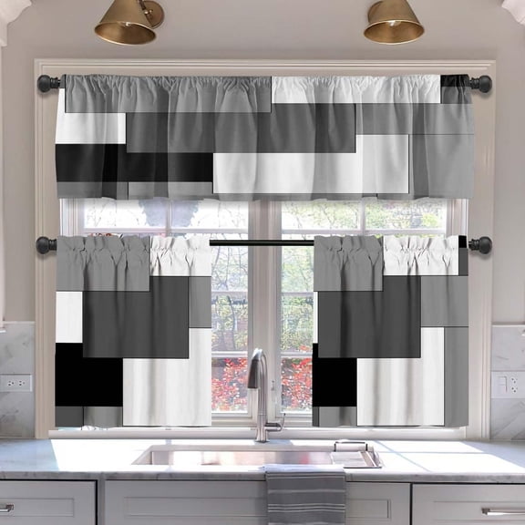 Dark Grey Blackout Kitchen Curtains Tiers and Valances Set 3 Piece for Windows Grey and Black Kitchen Window Curtains Set,White Modern Abstract Art Valances for Living Room(36" Tiers Set)