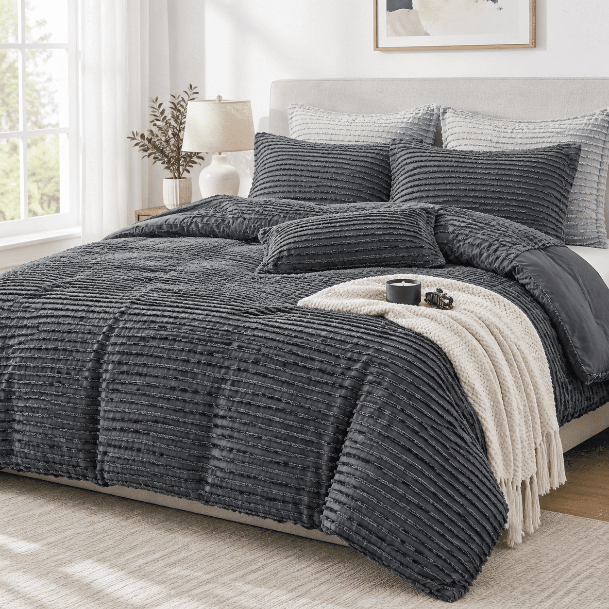 Dark Grey Boho Duvet Cover Set Queen Size Tuft Texture 3-piece ...