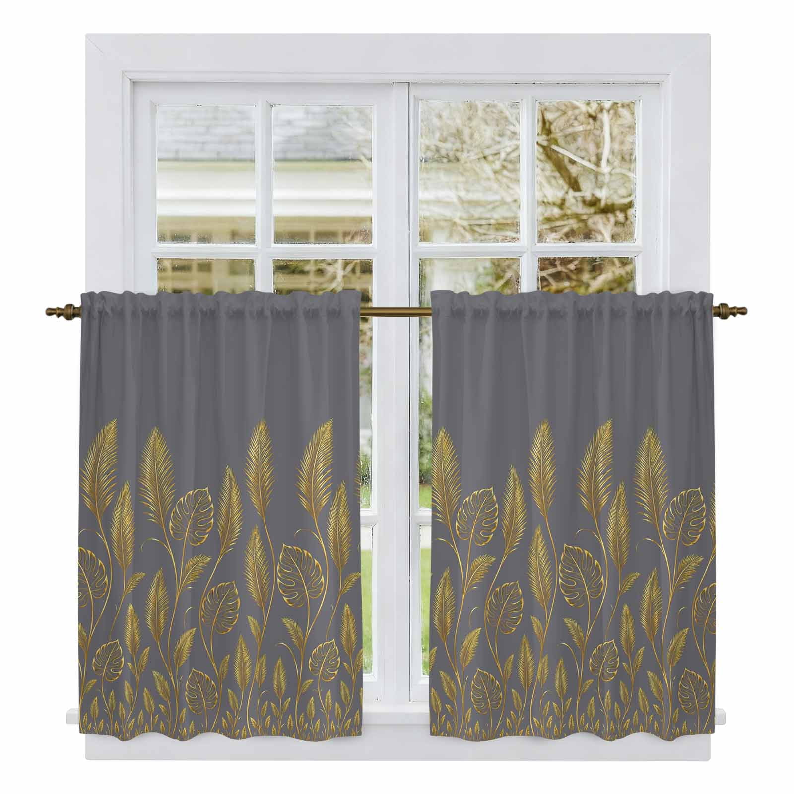 Dark Grey Botanical Kitchen Curtains 45 Inch Length, Luxurious Spring ...