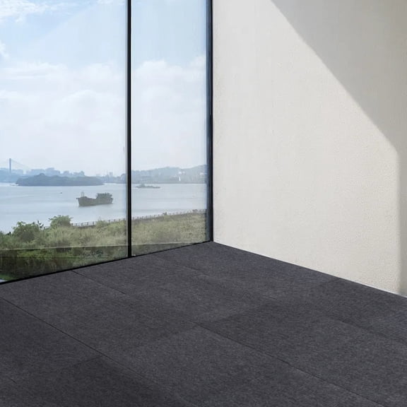 Dark Grey Carpet Tiles 24x24in, Low-Maintenance Polyester Fiber, Self-Adhesive 15-Pcs Set with Effortless Cleaning, Suitable for Hotels & Warehouses