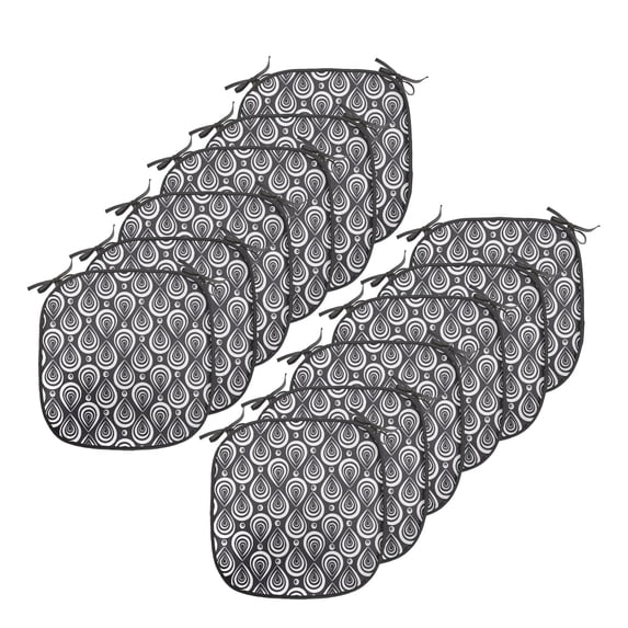 Dark Grey Chair Seating Cushion Set of 12, Illustration of Drop Like Nested Round Motifs Peacock Feathers Inspired, Seat Pads with Anti-slip Backing, 16"x16", Dark Grey and White, by Ambesonne