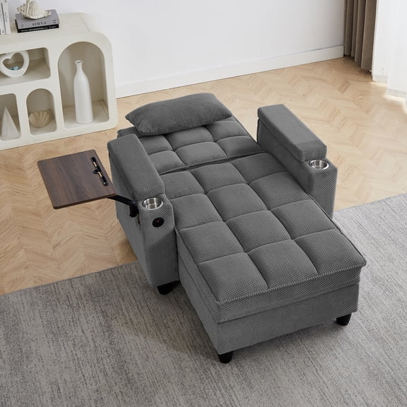 Dark Grey Chaise Lounge Sofa,Sleeper Chair Bed with 6-Position Adjustable Backrest,USB Ports, Cup Holder and Swivel Side Table