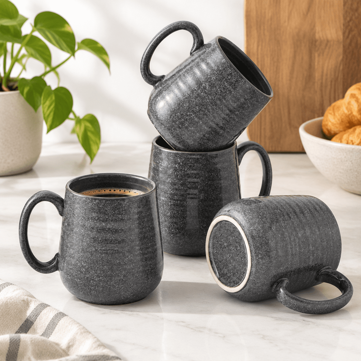 Dark Grey Coffee Mugs Set Of 4 12oz Ceramic Cups Latte Mug With Large ...