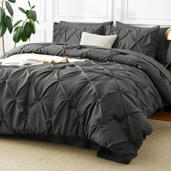 Dark Grey Comforter for Queen Size Bed - 7 Pieces Pintuck Bed in A Bag Gray, Pinch Pleat Bedding Sets with All Season Comforter, Flat Sheet, Fitted Sheet and Pillowcases & Shams