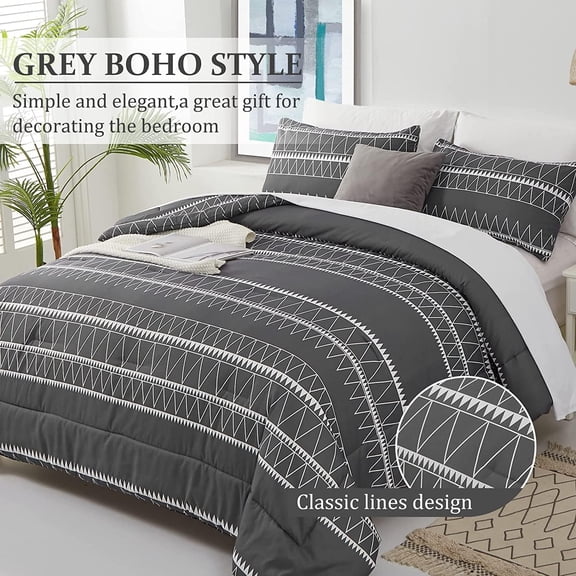 Dark Grey Comforter Set California King, Reversible Boho Triangle Bedding Comforter Set for Cal King Bed 3 Pieces (1 Comforter + 2 Pillowcases), Microfiber Bedding Set 104"x 96"