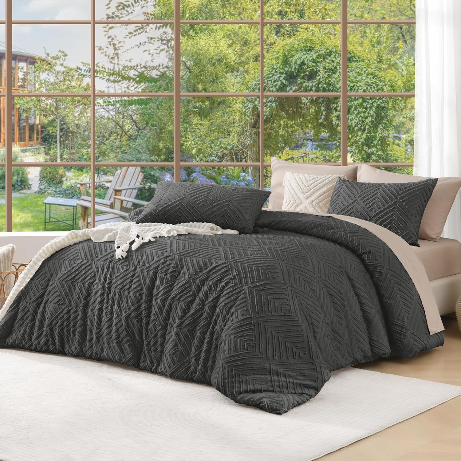 Dark Grey Comforter Set King Size, 3 Pieces Gray Boho Bedding Set ...