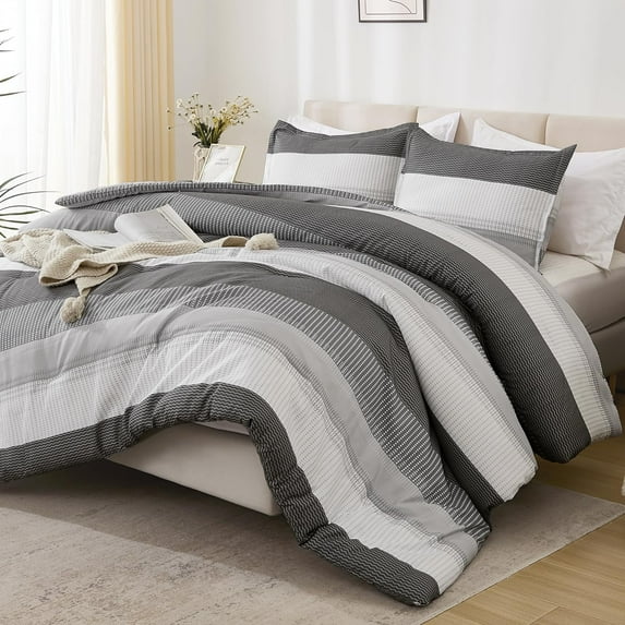 Dark Grey Comforter Set Oversized King - 3 Pieces Lightweight Dark Grey Colorblock Stripe Fluffy Bedding Comforter Sets, All Season Bed Set