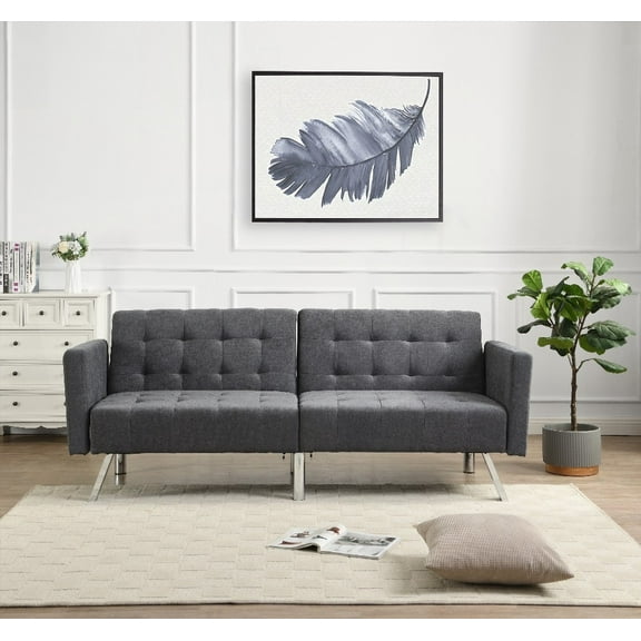 Dark Grey Convertible Lounge Couch Loveseat - Breathable Linen, Small Space Sleeper Sofa