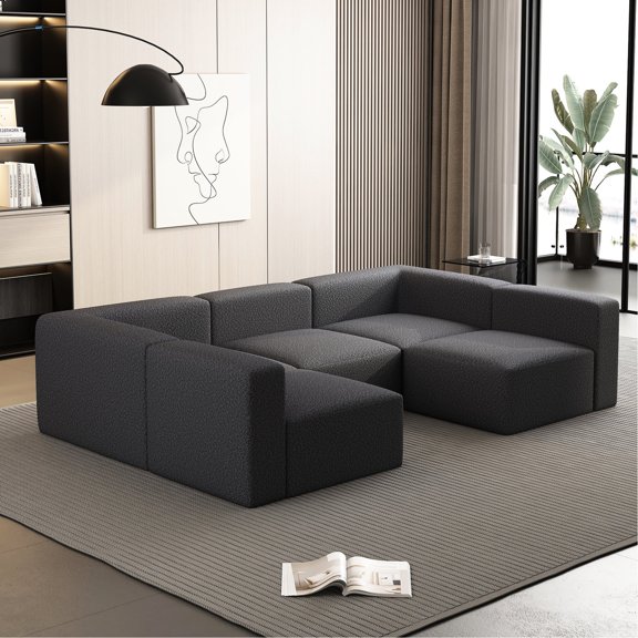 Dark Grey Convertible U Shaped Modular Sofa, Soft Seat & Yarn Fleece Fabric / Suitable for Relaxing in Primary Living Area, Customizable Design