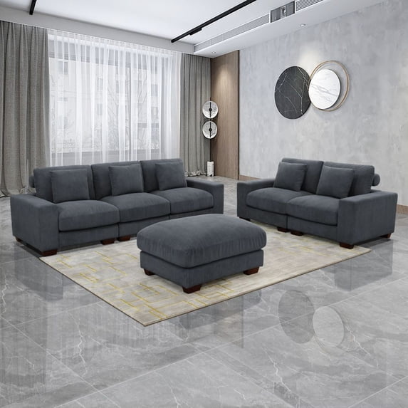 Dark Grey Corduroy Sofa Set, Modular Sofa and Loveseat, 2 Pieces Modular Sectional Couch Set for Living Room