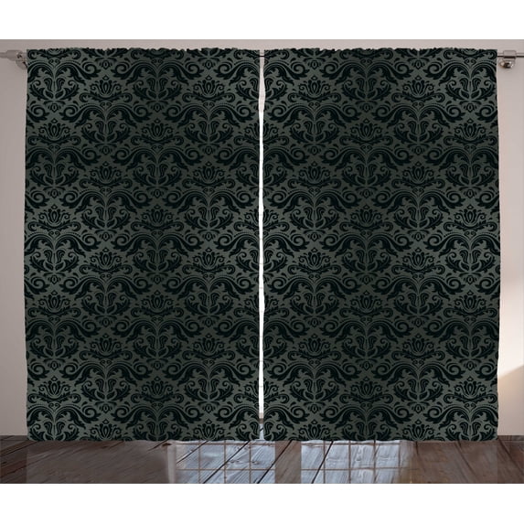 Ambesonne Dark Grey Curtains 2 Panel Set, Black Damask Floral, 108" x 108", Black Grey