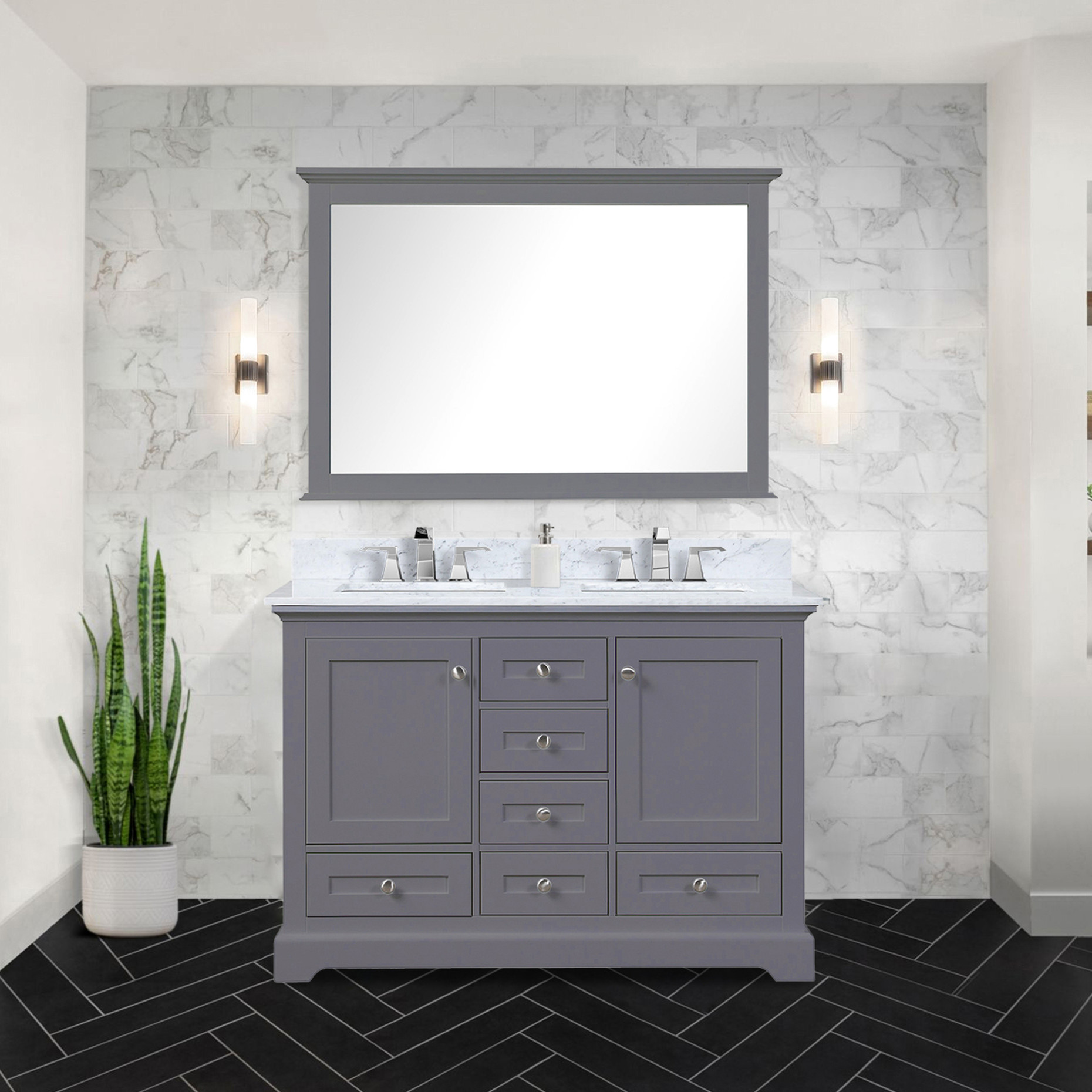 Dark Grey Double Bath Vanity 48" W X 22" D, Marble Surface, Faucet, 46 ...