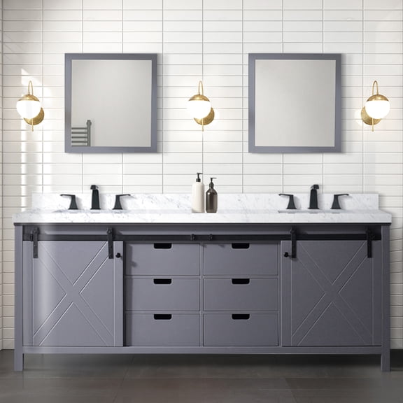 Dark Grey Double Bath Vanity 84" W X 22" D. Marble Counter. Solid Wood Frame. Soft Close. Two Cabinets, Six Drawers & Open Shelf. Scratch Stain . Pre-drilled For 8 In. Faucet Spread 84 With