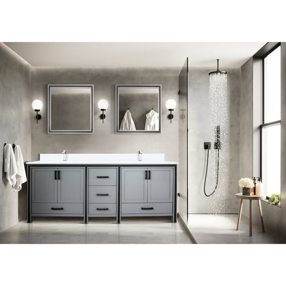 Dark Grey Double Bath Vanity, 84 in Dimensions / Mirrors and Drawer Storage