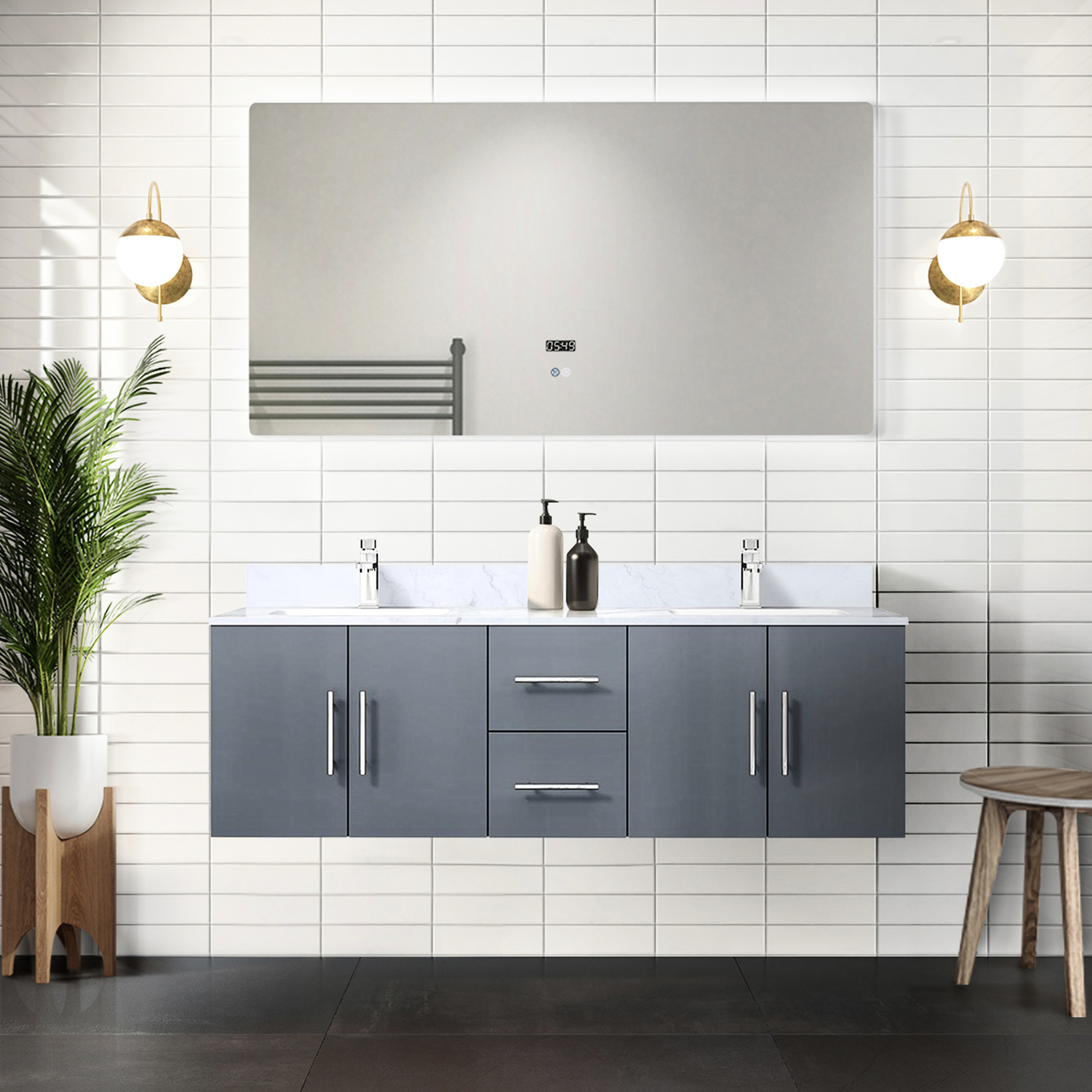 Dark Grey Double Bath Vanity With Marble - 60" W X 22" D, Solid Wood ...