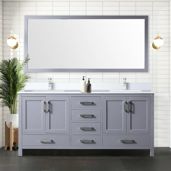 Dark Grey Double Bath Vanity With Quartz Top And 28 In. Mirror - Ample Interior Storage, Stain Construction White Plenty Of Soft Close Functionality