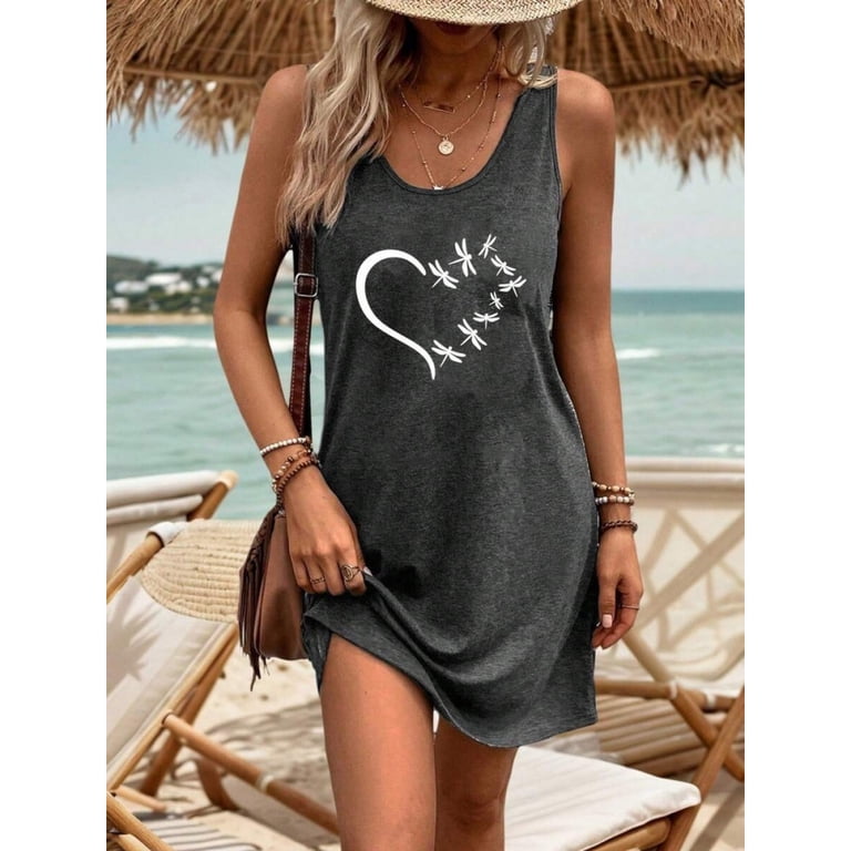 dark grey tank dress Dragonfly Heart Print Womens Sleeveless Dress, Relaxed Fit Casual Summer Luxury resort wear