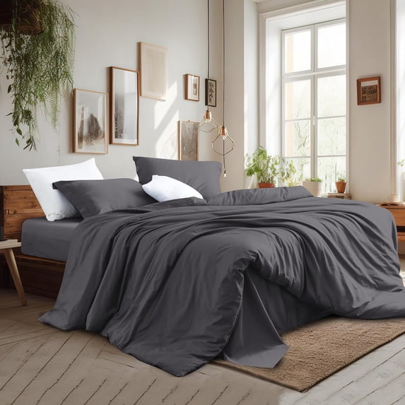 Dark Grey Duvet Cover Set Full Size 100% Egyptian Cotton 3Pcs Home Bedding Set- 1 Duvet Cover with 2 Pillowcases, 400 Thread Count Super Soft Cover with Corner Ties(80x90 Inches, Dark Grey)