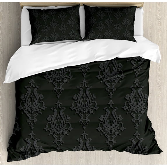 Dark Grey Duvet Cover Set Queen Size, Antique Damask Pattern in 3D Style Classic Old Fashioned Floral Design, Decorative 3 Piece Bedding Set with 2 Pillow Shams, Charcoal Grey Dimgrey, by Ambesonne