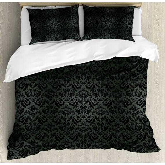 Dark Grey Duvet Cover Set Queen Size, Black Damask Arabesque and Floral Elements Oriental Antique Ornament Vintage, Decorative 3 Piece Bedding Set with 2 Pillow Shams, Black Grey, by Ambesonne