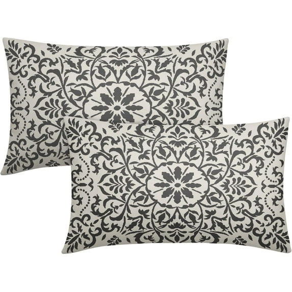 Dark Grey Ethnic Boho Pillow Covers 12 X 20 Inch Bohemian Carpet Style Vintage Gray Flower Print Decorative Throw Pillows Outdoor Linen Lumbar Cushion Case Farmhouse Decor for Home Sofa Bed Set of 2