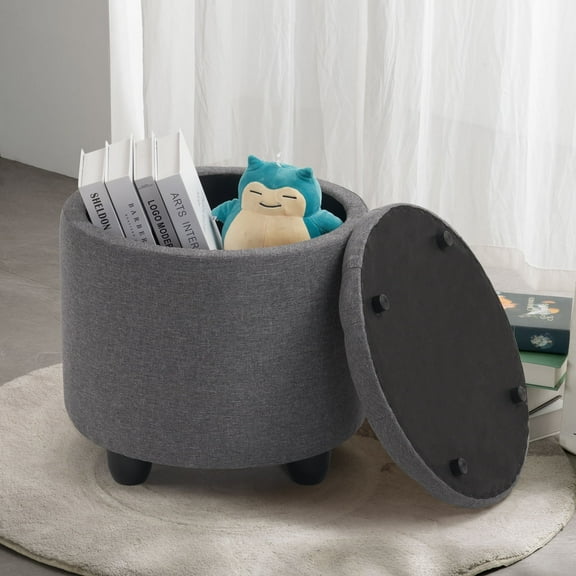 Dark Grey Fabric Tufted Round Storage Ottoman Stool Foot