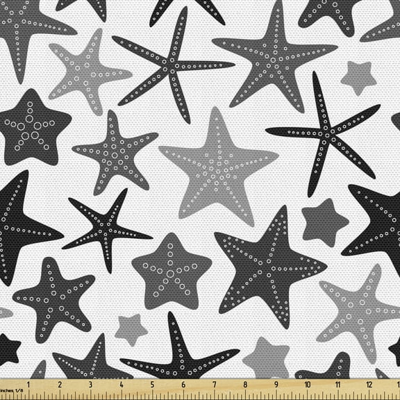 Ambesonne Dark Grey Fabric by the Yard Upholstery, Monochrome Starfish, 5 Yards, Black Grey White