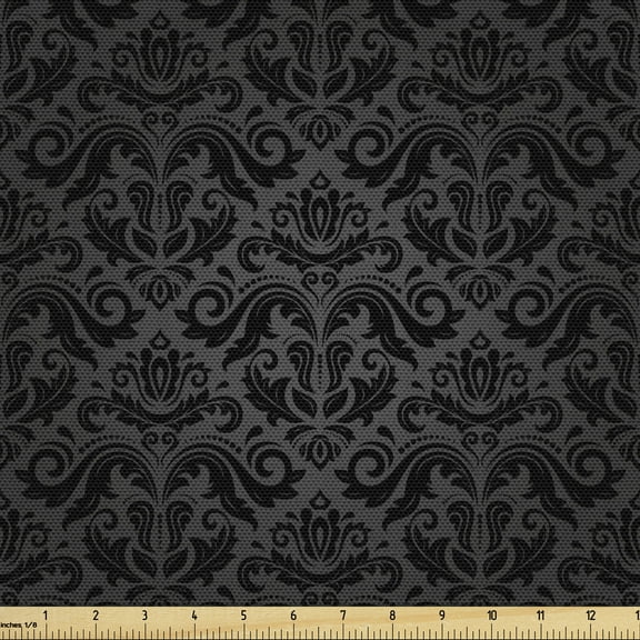 Ambesonne Dark Grey Fabric by the Yard Upholstery, Black Damask Floral, 5 Yards, Black Grey