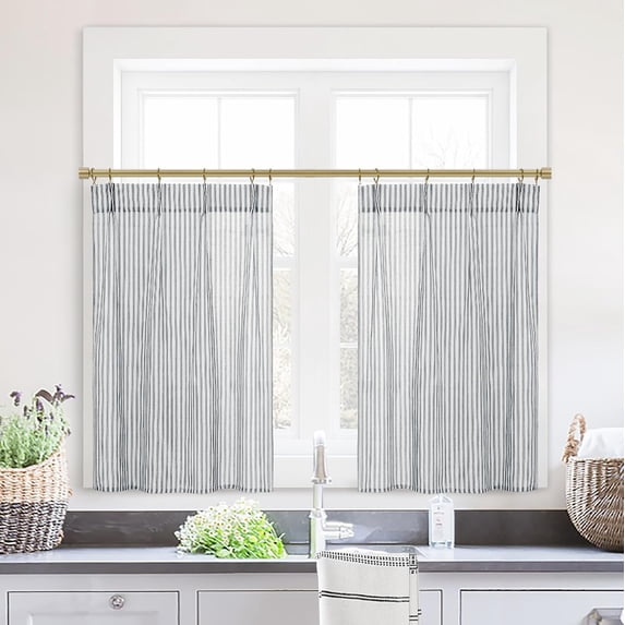 Cafe Small Window Dark Grey Farmhouse Pinch Pleated Linen Sheer Cafe Curtains for Kitchen ...