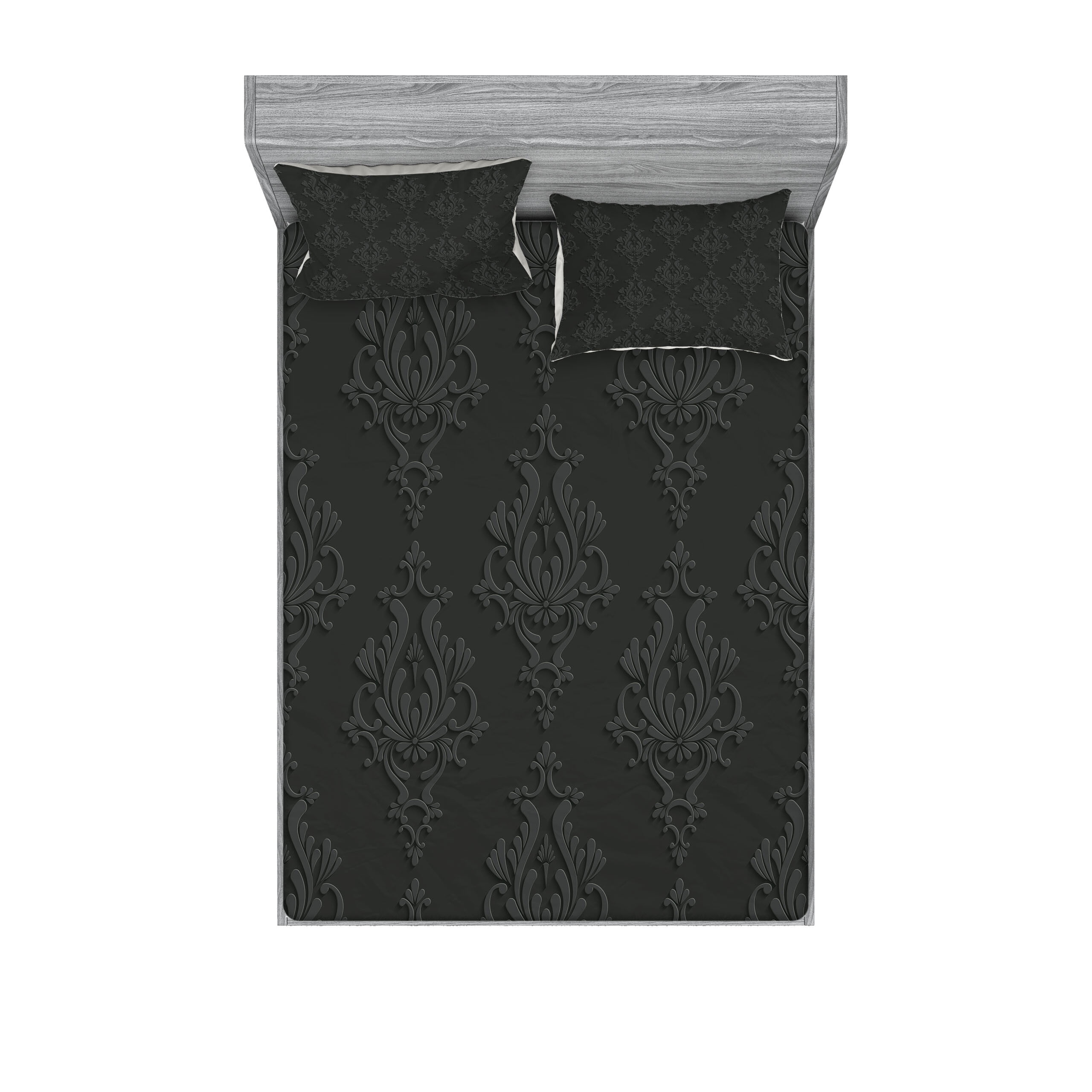 Dark Grey Fitted Sheet & Pillow Sham Set, Antique Damask Pattern in 3D