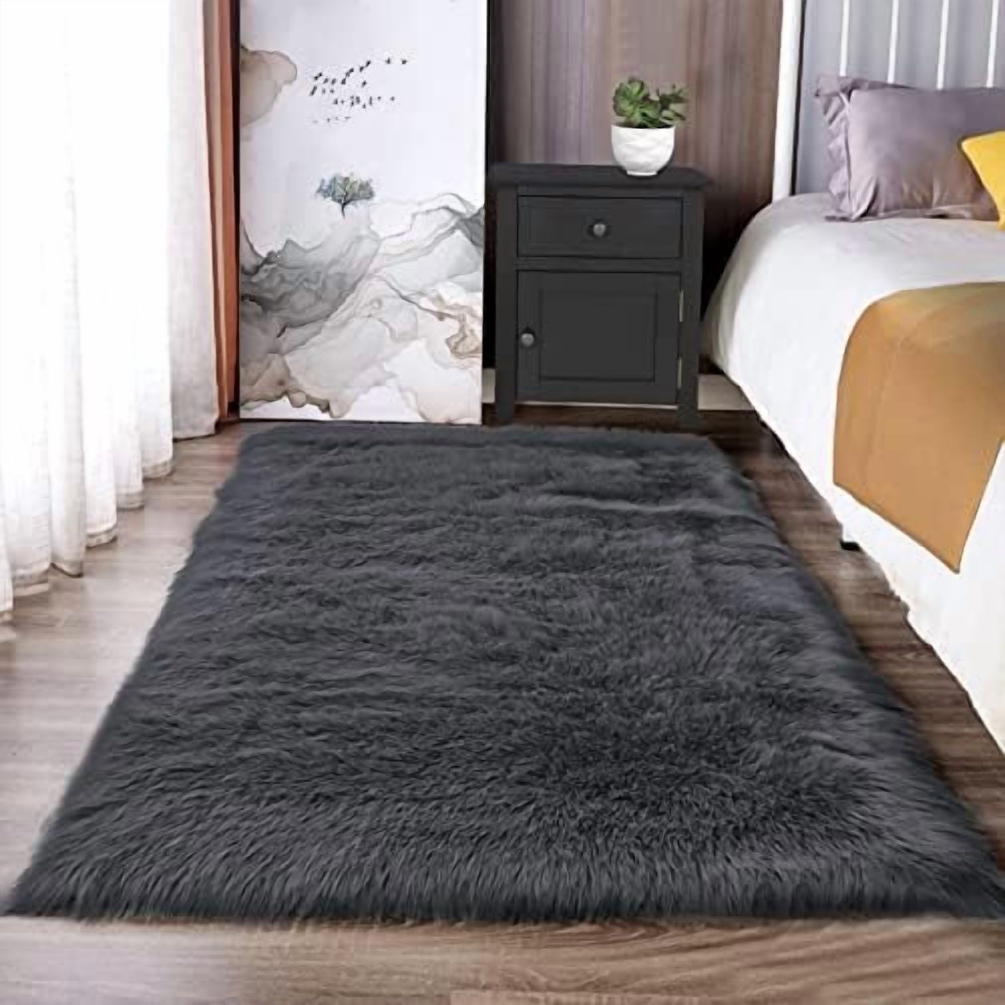 Dark Grey Fur 3x5 Area Shaggy Bedside Faux Sheepskin Rug for Bedroom ...