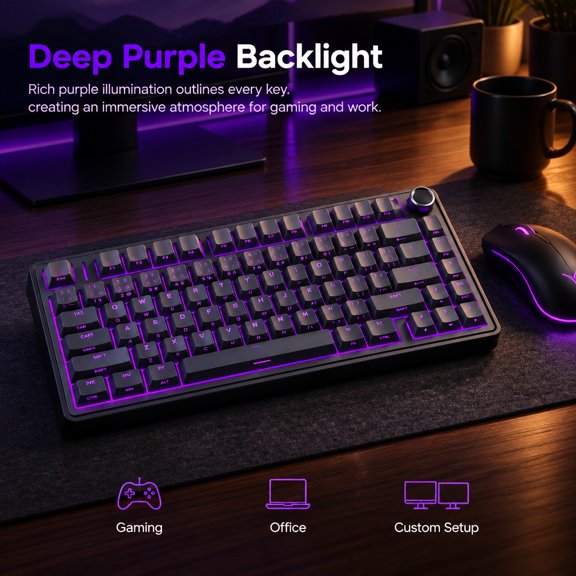 Dark Grey Gradient 75% Mechanical Keyboard with Metallic Rotary Knob, Compact Keyboard with Deep Purple Backlight, Sleek Minimalist Desk Decor for Gaming and Office PC Setup