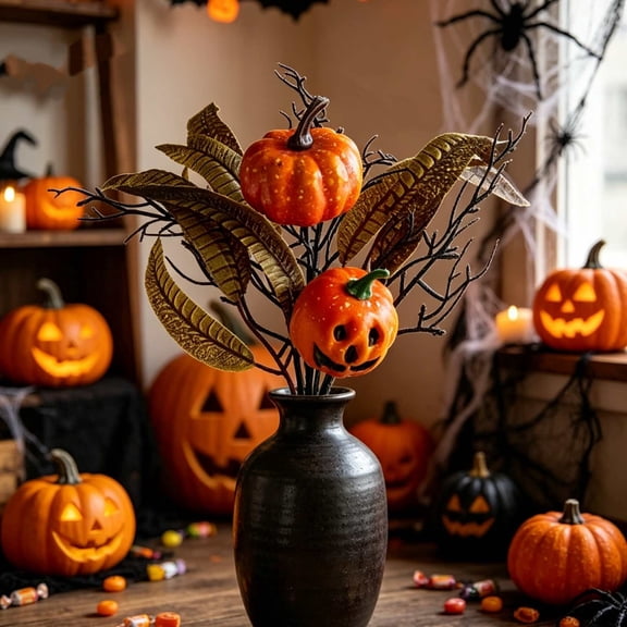 Dark Grey Halloween Pumpkin Floral Pick, 2-Pack Foam Pumpkin and Twig Vase Filler, Spooky Fall Table Centerpiece, and Party Arrangement, Great Gift for Gothic Home Stylists