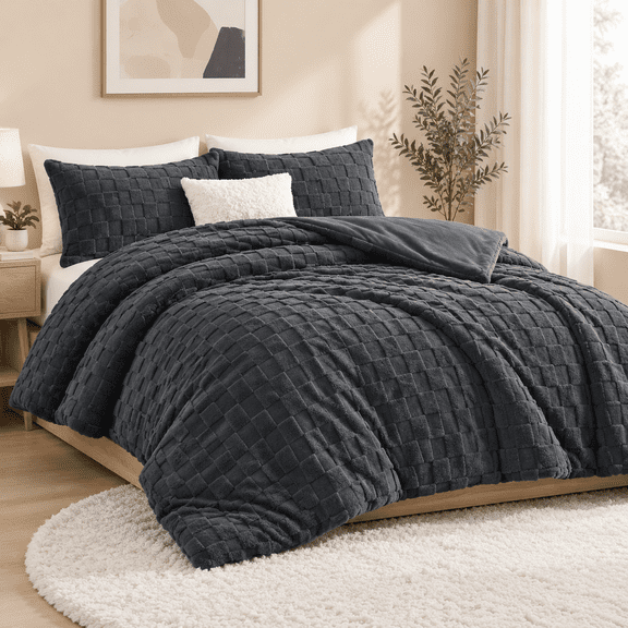Dark Grey King(104*90in) Checkered Jacquard Polyester Sherpa Fleece Comforter Set