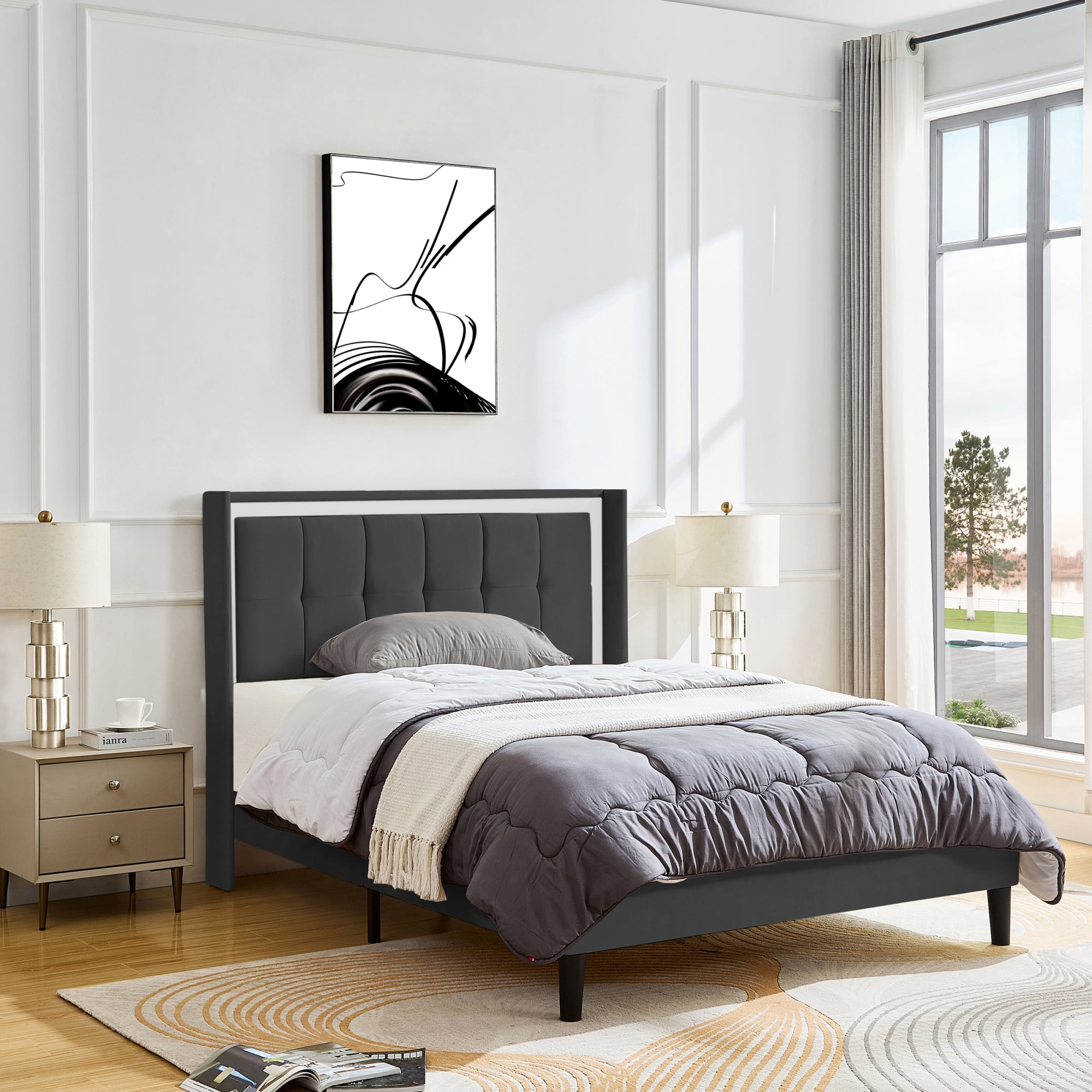 Dark Grey King Size Bed Frame, Upholstered Headboard, Strong Frame