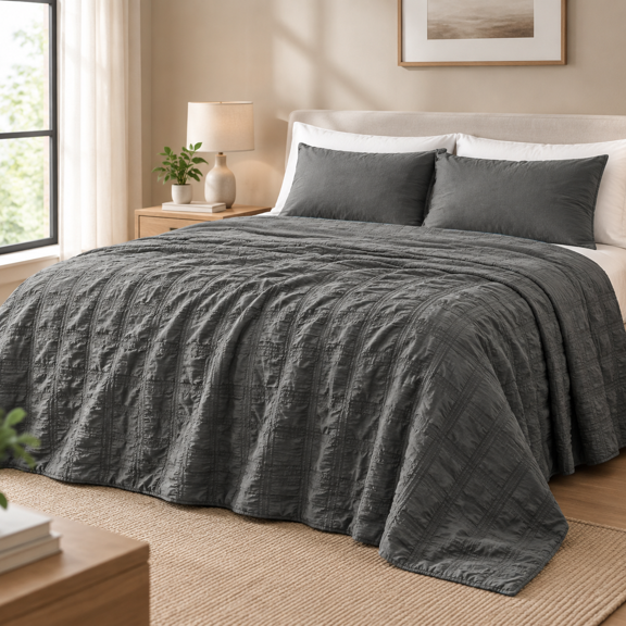 Dark Grey King XL(106"×90") Seersucker Plaid Lightweight Summer Bedding Quilt