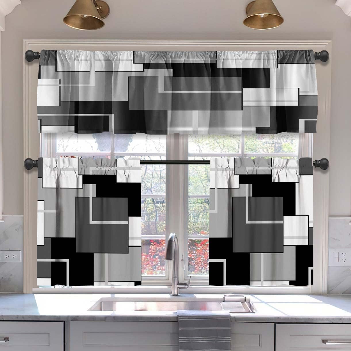 Dark Grey Kitchen Curtains Tiers and Valances Set 3 Piece for Windows