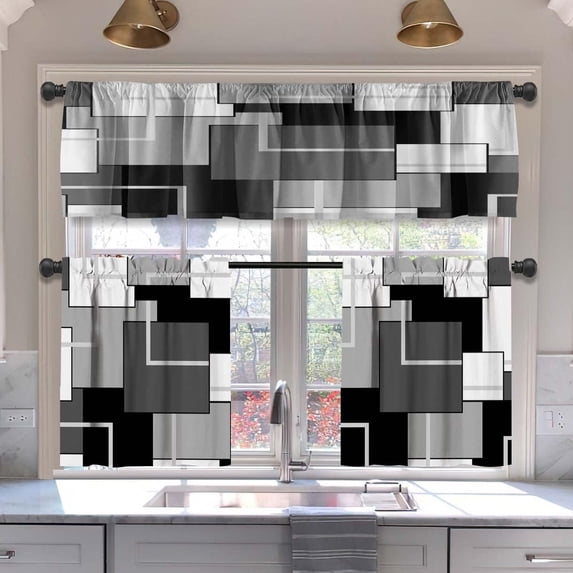 Dark Grey Kitchen Curtains Tiers and Valances Set 3 Piece for Windows Geometric Modern Art Kitchen Window Curtains Set,Grey and Black Valances for Living Room(36" Tiers Set)