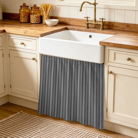 Dark Grey Line Striped Cabinet Curtains 35"W x 35"L, Farmhouse Gray Stripes Sink Skirt for Bathroom Vanity Kitchen Self Adhesive, Dust-Proof Privacy Curtain for Shelves Closet Laundry Room Pantry